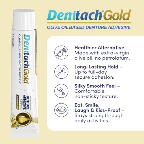 Denttach Gold Denture Adhesive, Petroleum Free Olive Oil Based Premium Denture Adhesive Cream for Full and Partial Dentures, All Day Secure Hold Denture Glue, Zinc Free, 2.4 Ounce (Pack of 2)
