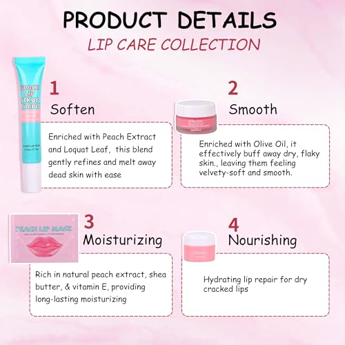 Lip Scrub and Lip Mask Set Lip Care Gift Set with Hydrating Lip Balm, Lip Scrub, Scrub Bubble and Overnight Lip Mask, Lip Moisturizer Gift Set for Teens