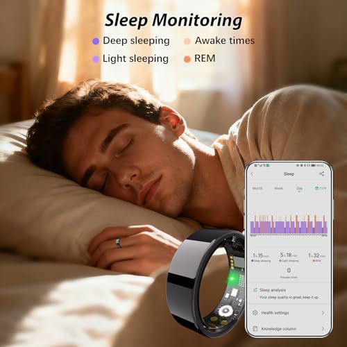 Smart Ring for Women Men Fitness Ring with Heart Rate, Blood Oxygen, Sleep Monitor, Step Tracker, IP68 Waterproof Health Ring for iOS & Android,No Subscription Fee (Black, 7#) Black 7#