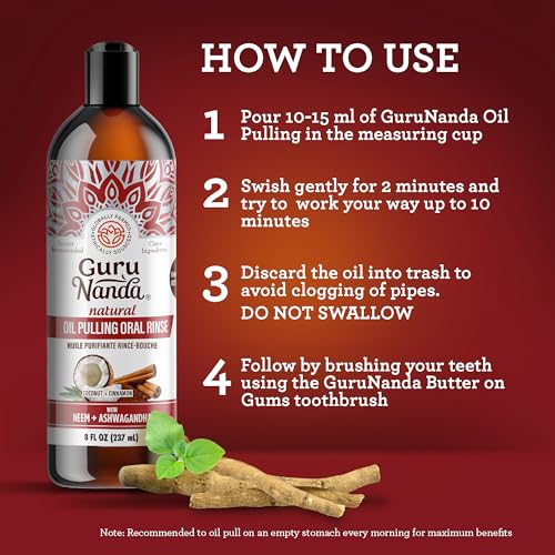GuruNanda Ashwagandha Oil Pulling (8 Fl Oz) - 100% Pure Blend of Coconut with Essential Oils & Vitamins and Teeth Whitening Strips (7 Treatments)