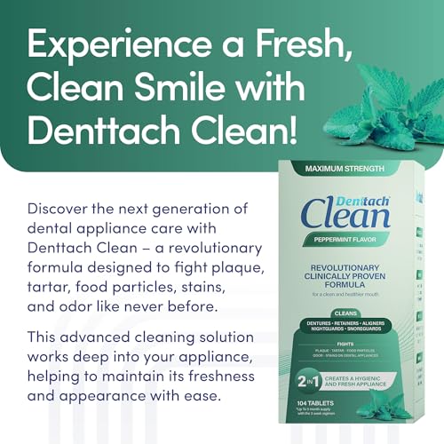 Denttach Clean Retainer Cleaner Tablets, Denture Cleaning Tablets, Maximum Strength Denture Cleaner for Ultra Fresh Dentures, Night Guard Cleanser, Eliminates Stains, Peppermint 104 Count Pack of 2