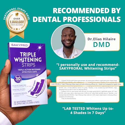 SAKYPRORAL Triple Whitening Strips, Long-Lasting Results, Enamel Safe & Low-Sensitivity, Purple Tooth whitening, Peppermint, 56 Count 56 Count (Pack of 1)