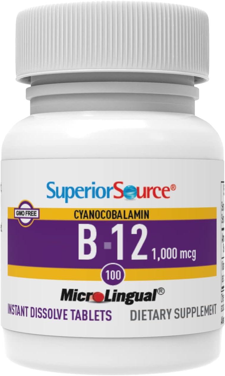 Superior Source No Shot Vitamin B-12 Cyanocobalamin 1000 mcg - Vitamin B-12 to Support Energy Production, Brain Health & Overall Wellness - Sublingual Tablets - 100 Dissolvable Tablets (Pack of 2) Unflavored 100 Count (Pack of 2)