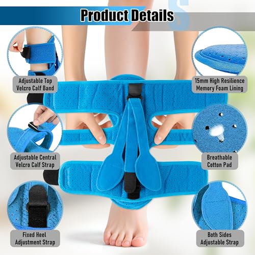Plantar Fasciitis Night Splint - Adjustable Straps Relief Brace with Fasciitis Socks Massage Ball Arch Support, Foot Drop Achilles Tendonitis Heel Pain Night Support for Women Men (Blue) Blue