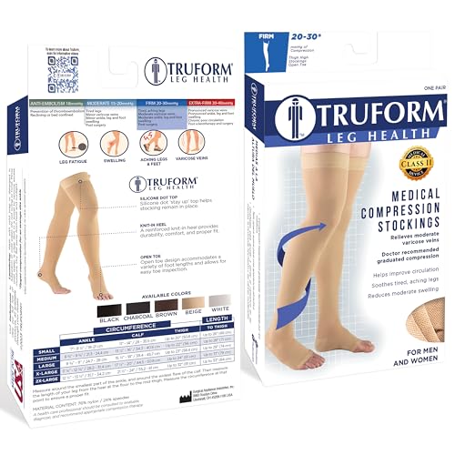 Truform 20-30 mmHg Compression Stockings for Men and Women, Thigh High Length, Dot-Top, Open Toe Black Large (1 Pair)