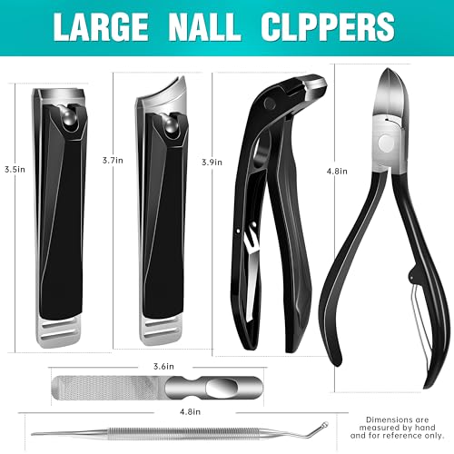 Toenail Clippers for Seniors Thick Toenails Angled Head Large Toe Nail Clippers Set Heavy Duty Ingrown Toenail Clippers with Long Handle Ultra Sharp Slanted Nail Cutter Wide Jaw 6Pcs Black