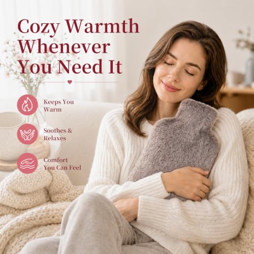 Hot Water Bottle with Luxury Cosy Faux Fur Cover, 2L Leakproof Hot Water Bag for Neck, Shoulder Pain Relief, Hot and Cold Therapies for Women,Men, Brown