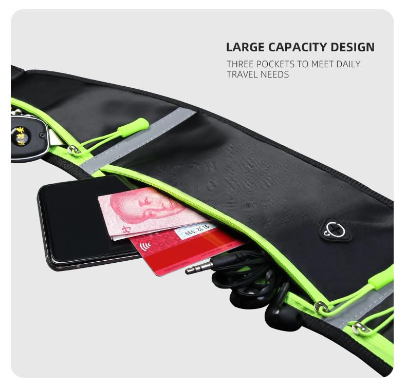 Running Belt with Two Zippered Pockets and Water Bottle Holder, Fits Phone, Keys, Energy Gels – Adjustable Waist Pack for Marathon, Trail Running, Hiking, Jogging, Walking [LD&JR] (Black) Black