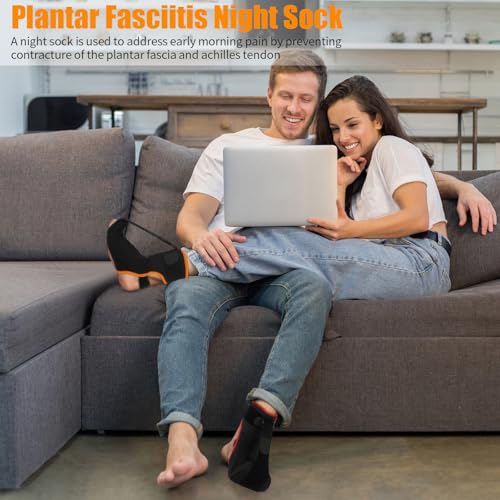 Plantar Fasciitis Night Splint Sock: Upgraded Plantar Fasciitis Brace with Support Plate for Women Men for Achilles Tendonitis Foot Drop Heel Spur Pain Relief Black-Orange Large
