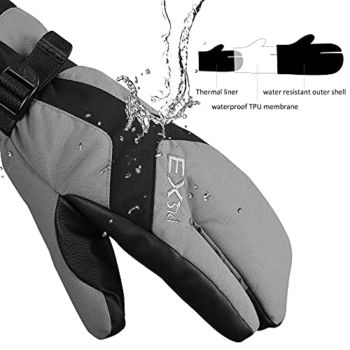 3-Finger Ski Gloves, Waterproof Warm Touchscreen Winter Mens Mittens Grey X-Large
