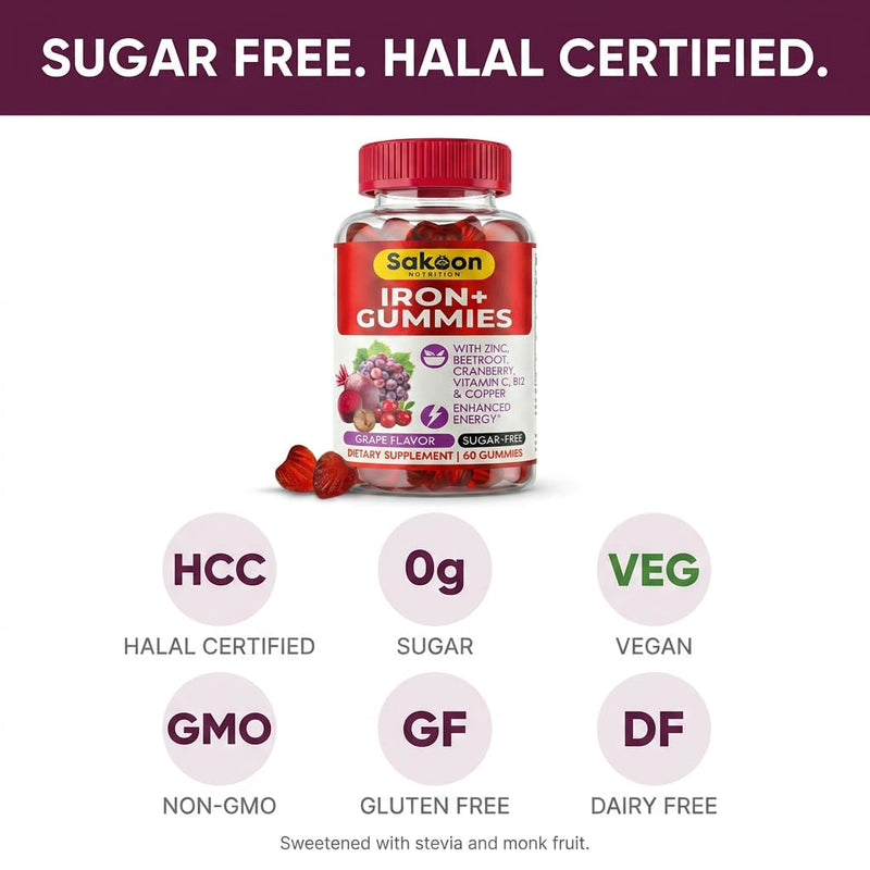 Sakoon Nutrition Iron Gummies for Women & Men | 60 Count Sugar Free Grape Flavour Vegan Iron Gummies with Vitamin C, B12 & Zinc | Support for Bones Strength, Energy & Blood Health | 2Count Per Serving