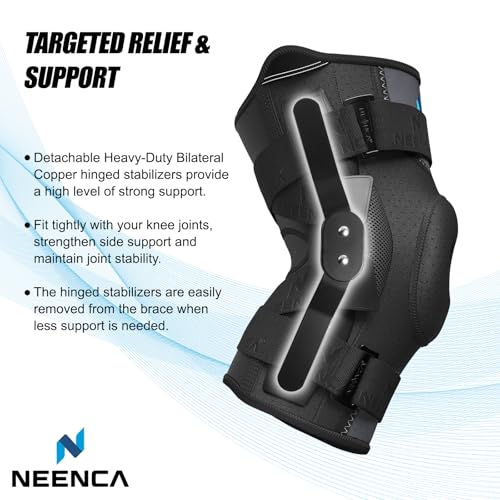 NEENCA Professional Knee Brace for Knee Pain, Hinged Knee Support with Patented X-Straps Fiting System, Strong Stability for Joint Pain Relief, Arthritis, Meniscus Tear, ACL, PCL, MCL, Sports, Workout X-Large Black-Single