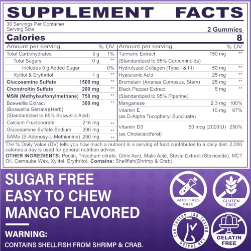 Glucosamine Chondroitin Gummies with MSM for Men & Women, No Sugar, 60 Cts 60 Count (Pack of 1)