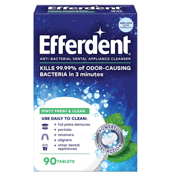 efferdent Retainer & Denture Cleaner, Minty Fresh & Clean Oxi-Action Tablets, Daily Cleanser Dissolves Stains, Removes Odors, Freshens Dental Appliances, 90 Count (Pack of 2) 90 Count (Pack of 2)