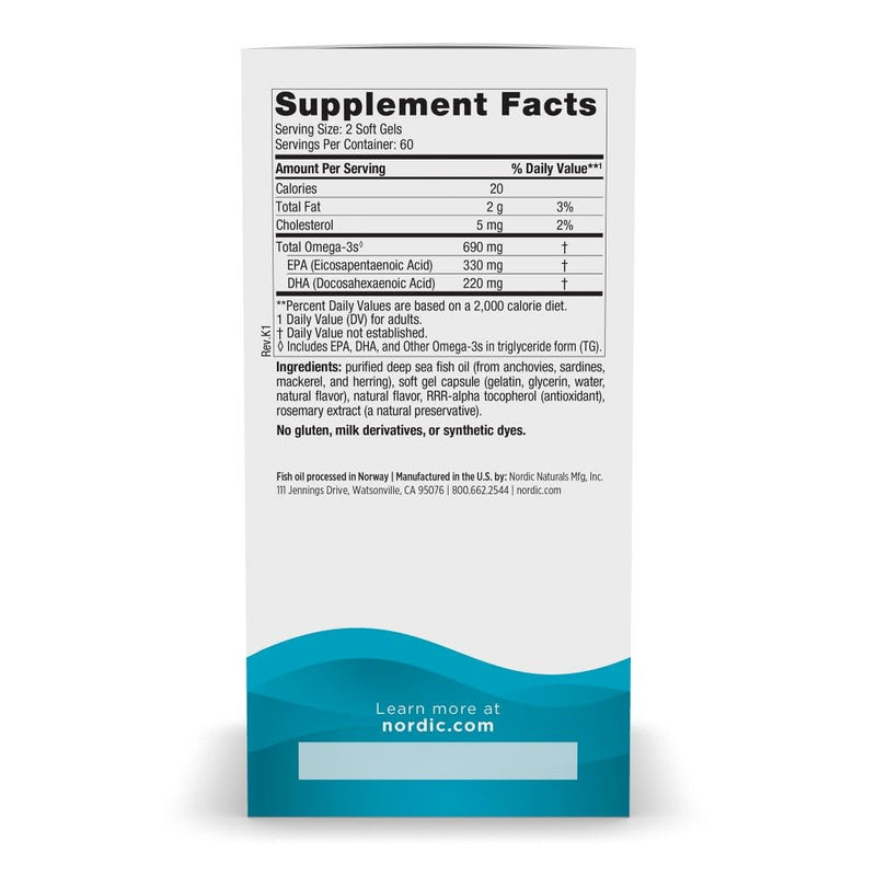 Nordic Naturals Omega-3, 690mg Fish Oil, EPA & DHA, Lemon - 120 Count | Omega-3 fish oil supports immune, brain & heart health. Optimal Wellness. Non-GMO, burpless. 60 servings. 120 Count (Pack of 1)