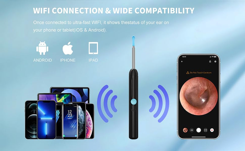 Ear Wax Removal - Ear Cleaner with Camera - Earwax Remover Tool with 8 Pcs Ear Set - Wireless Ear Scope Otoscope with Light - Ear Camera with 6 Ear Spoon - Ear Cleaner (Black) Black - BeesActive Australia