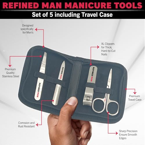 BLKSMITH Refined Man Manicure and Pedicure Kit Set of 5 - Manicure Kit for Men - Nail Clipper Kit with Nail File, Clippers, Scissors, Tweezer & Travel Case - Designed for Men (Black) Black
