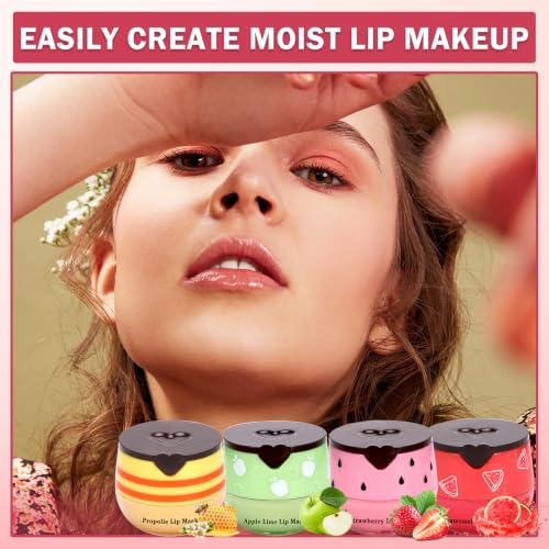 4PCS Bee Lip Balm Honey Pot Sleeping Lip Mask Set Honey Lip Balm Honey,Strawberry,Watermelon,Apple