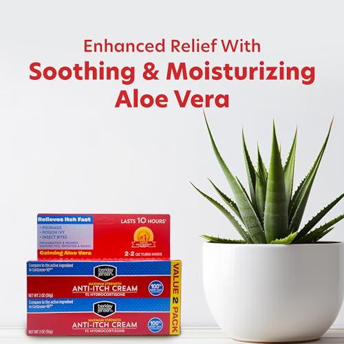 Berkley Jensen Maximum Strength Anti-Itch Cream (4 oz.), with Calming Aloe Vera, 1% Hydrocortisone Itch Relief for Eczema, Psoriasis, Bug Bites, Poison Ivy, Oak and Sumac, 2 oz. Tube (Pack of 2)