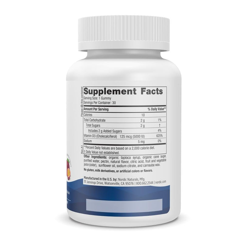 Nordic Vitamin D3 5000 IU Gummies, Bones Mood Immune Support - 30 Count | vitamin D3 per serving. Supports bone health, mood & immunity. Passion fruit gummies. Vegetarian, Non-GMO. 30 count.
