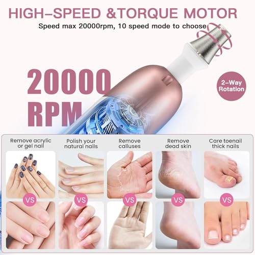 Electric Nail File Set, 9 in 1 Professional Manicure and Pedicure Kit, Cordless Nail Drill for Feet, LCD Display 10 Speeds Electric Nail Drill Machine, Hand Foot Care Tool 1 Pack