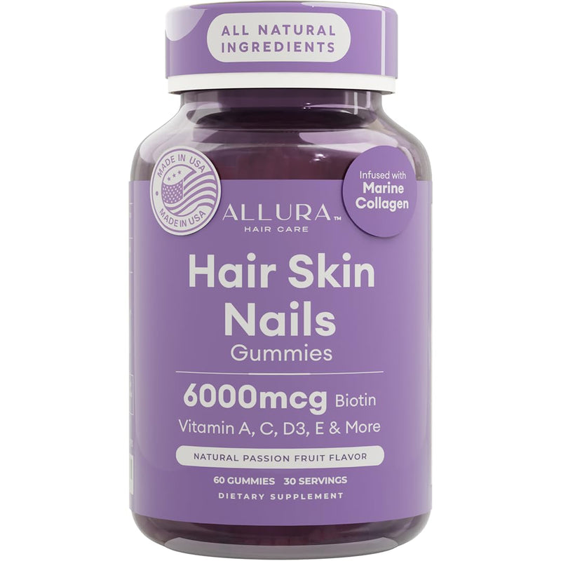 Hair Skin and Nails Vitamins for Women – Extra Strength 6000mcg Biotin Hair Gummies with Marine Collagen, Vitamin E, A, C & PABA for Hair Growth, Healthy Skin & Nails – Made in US, Passion Fruit, 60ct 60 Count (Pack of 1)