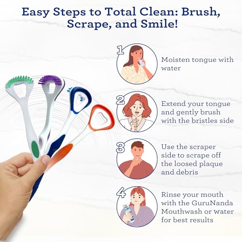 GuruNanda Dual Action Tongue Scraper (6 Pack), 2-in-1 Tongue Scraper & Soft Bristled Brush, Deep Cleans & Fights Bad Breath - Color Varies 1 Count (Pack of 6)