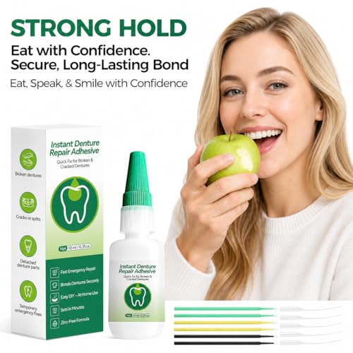 Dental Lab Instant Bonding, Professional Denture Repair Adhesive Kit, Fast Setting in 1 Min, Fix Broken Dentures &Retainer at Home, Strong Dental Adhesive Glue with Tools (10ML) Denture Use