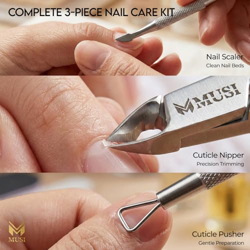 MUSI 3 PC Cuticle Trimmer Clippers & Pusher, Trim Cuticles & Remove Dead Skin for Manicure & Pedicure and Groom Fingernails & Toenails with Sharp, Efficient Cuticle Nipper Kit Men & Women