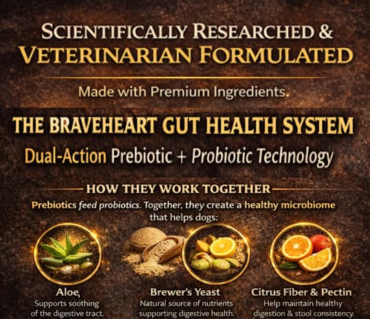 Braveheart K9 Gut & Immunity Care Dog Supplement, Veterinarian Formulated, Dual Action Prebiotic & Probiotic System, Fortified Soft Chew, 160 Count