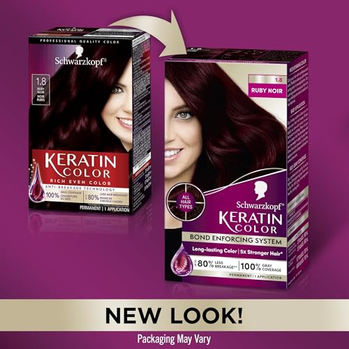 Schwarzkopf Keratin Color Permanent Hair Color, 1.8 Ruby Noir, 1 Application - Professionally Inspired Permanent Hair Dye, for up to 80% Less Breakage vs Untreated Hair and up to 100% Gray Coverage 1 Count (Pack of 2)