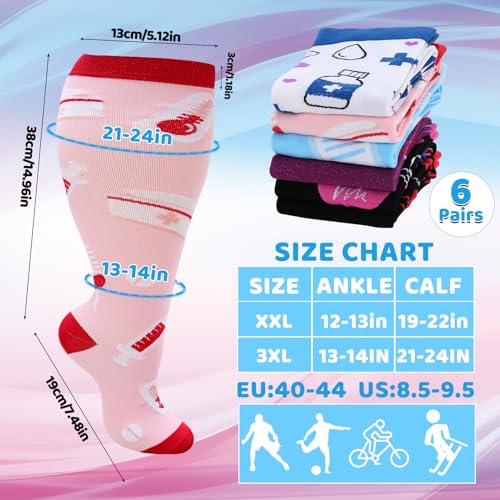 Jspupifip 6 Pairs Plus Size Compression Socks for Women, Wide Calf 3X-Large Black White Blue Pink Purple