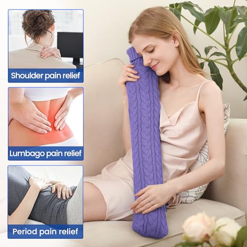 Hot Water Bottle with Knitted Cover, Hot Water Bag for Bed, Body Feet Warm, Pain Relief. Hot and Cold Therapies for Women Girls Seniors. Ideal Gift for Birthday, Womens', Christmas Day, Purple