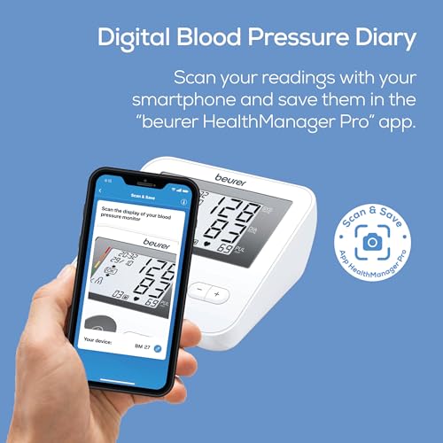 Beurer BM27 Upper Arm Blood Pressure Monitor for Home Use with Adjustable Cuff, 120 Memory Sets, Irregular Heart Rate Detection, Risk Indicator, Data Transfer to Apple Health and co. White