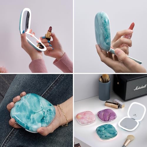Mocado Compact Mirror with Light-4 Inches Compact 1x/10x Magnifying Mirror Green Marble
