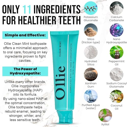 Ollie Fluoride Free 10% Nano Hydroxyapatite Toothpaste, Clean Mint, 3 Pack 4 Ounce (Pack of 3)