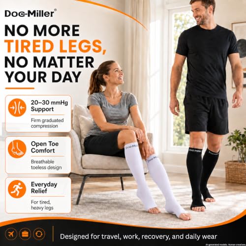 Doc Miller Open Toe Compression Socks, 20-30 mmHg, Knee High, Men & Women X-Large Black