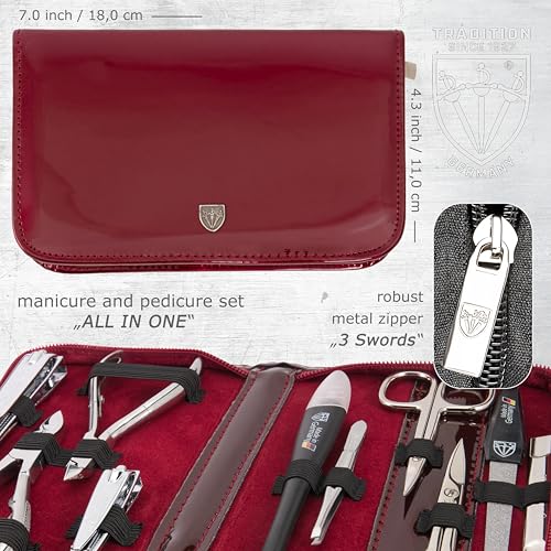 3 Swords Germany - brand quality 10 piece manicure pedicure grooming kit set for professional finger & toe nail care scissors clipper fashion leather case in gift box, Made by 3 Swords (6226) Burgundy Laquered