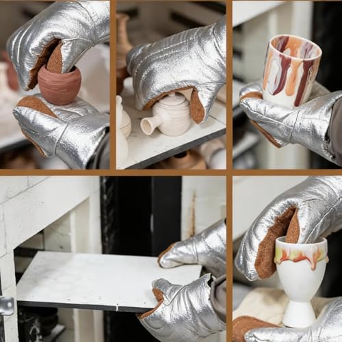 Aluminized Leather Heat Resistant Gloves – Heavy Duty Pottery Kiln Gloves for Ceramic Firing, High Temperature Handling, and Studio Safety