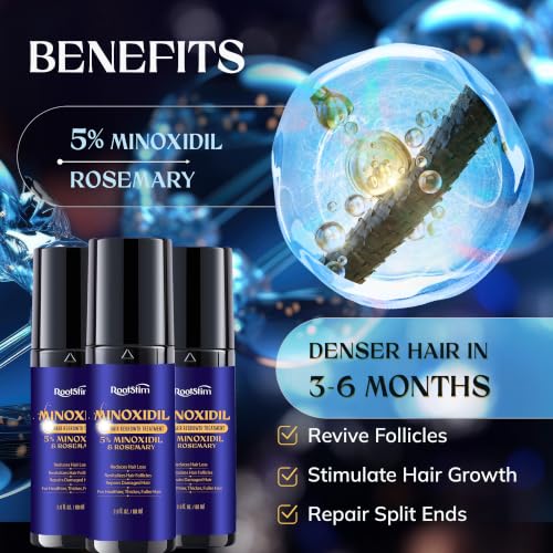 5% Minoxidil Hair Growth for Men and Women: 3-Pack RootStim Extra Strength Minoxidil Beard Regrowth Treatment with Rosemary for Thinning Hair Regrowth and Fuller Hair 180 ML 2.02 Fl Oz (Pack of 3)