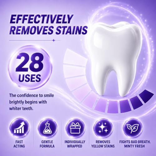 Purple Teeth Whitening Strips,Surface Stain Reduction & Natural Shine,Gentle Teeth Whitening in 30 Minutes,Safely Protects Tooth，Portable for Home or Out Use Non-Slip (28 Strips, Mint) 1 Count (Pack of 28)