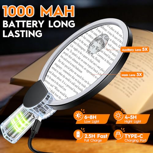 Magnifying Glass with Light for Reading, Hands Free Magnifier for Books with Dimmable, Included Small Magnifier, Neck Wear Large Screen Stand Glasses for Close Work Seniors Low Vision Rechargeable