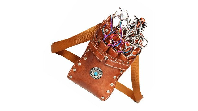 Hairstylist Waist Bag, 7-Slot PU Leather Barber Scissors Tool Bag Shear Holder, Detachable Hair Cutting Organizer for Combs, Clippers, and Spray Bottles (Coffee) Coffee