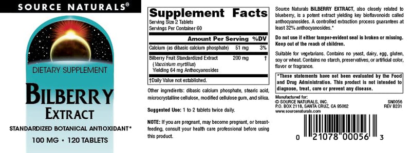 Source Naturals Bilberry Extract, 100 mg - 120 Tablets | Standardized Botanical Antioxidant