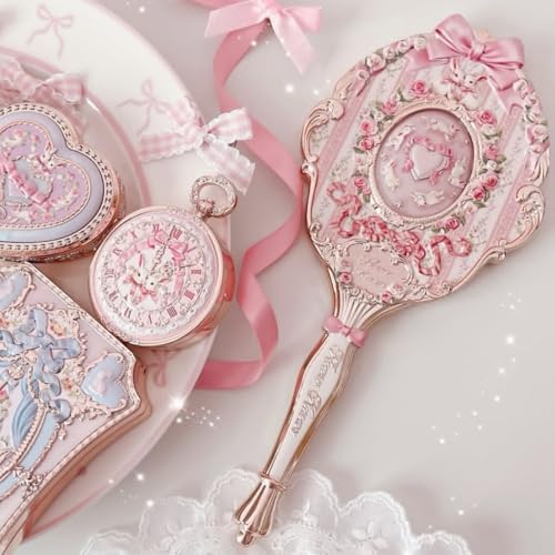 Flower Knows Bunny Garden Hand Mirror, Pink Decorative Makeup Mirror Bunny Garden-rosette Pink 8.4"L x 4.2"W