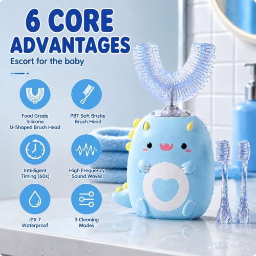Kids U-Shaped Electric Toothbrush,4 Heads,Dinosaur Design Ages 2-12 Blue