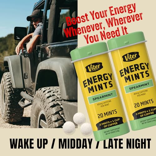 Viter Energy 40mg Caffeine Mints - Sugar Free, B Vitamins, Vegan, Boosts Fast Energized Alert Focus, Caffeinated Nootropic Supplement Pills (Spearmint Flavor, 20pcs, 6 Pack, 120pcs Total) Spearmint 20 Count (Pack of 6)