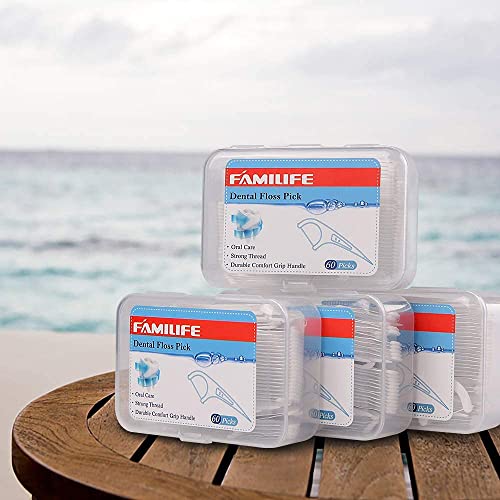 FAMILIFE Floss Picks Mint Dental Floss Picks with 4 Travel Handy Cases 240 Count Flossers and 240 Picks Threader Flosser with 4 Travel Cases