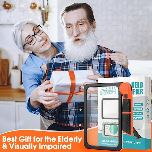 Large Magnifying Glass with Light, Full Page Magnifier 48LED Cold & Warm Light with 3 Modes, Folding Handheld Illuminated Lighted Magnifier for Seniors Low Vision Reading Inspection (Orange) Orange