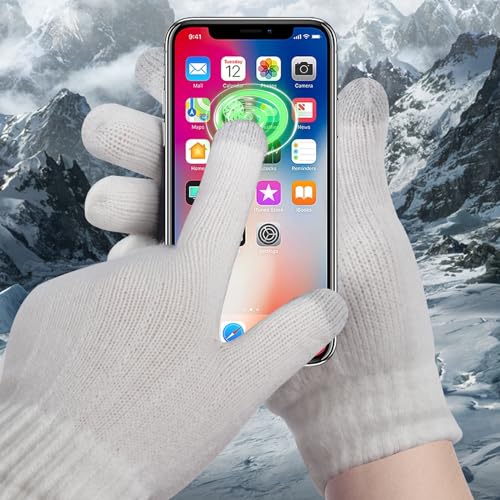 Winter Beanie Hat Scarf Gloves Set for Women, Classic Beanie with Removable Pom Pom Long Scarf Touchscreen Gloves 3 in 1 Set White